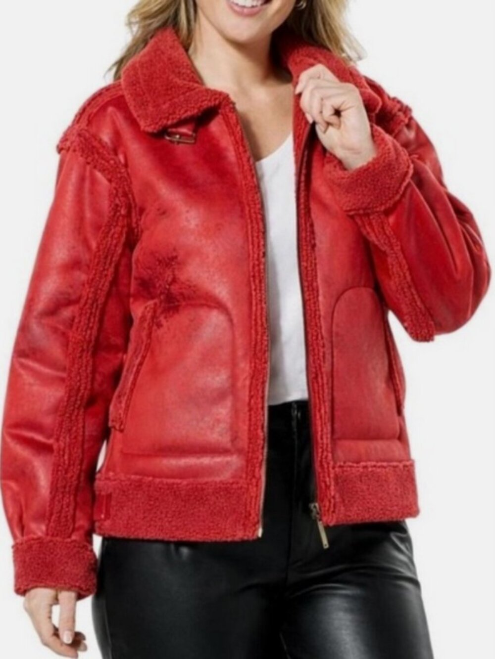 G by Giuliana Women's Faux Suede & Shearling Zip Front Coat Red Size XS M